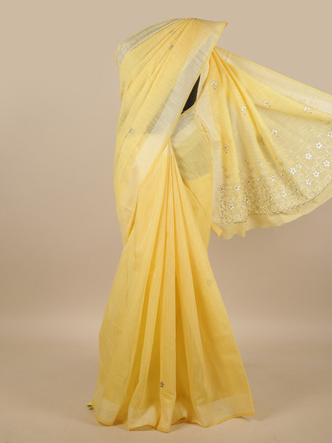 

Pothys Yellow & Silver-Toned Embroidered Saree