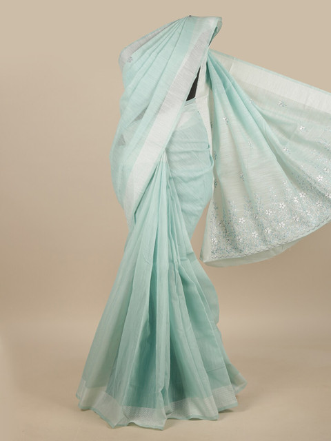 

Pothys Blue & Silver-Toned Embroidered Saree