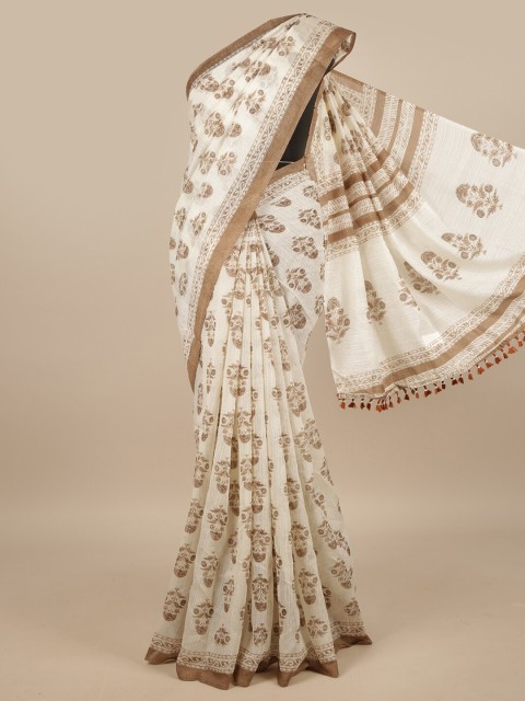 

Pothys Off White & Brown Floral Jute Silk Saree