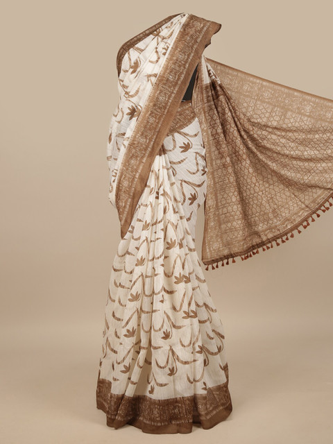 

Pothys Off White & Brown Floral Jute Silk Saree