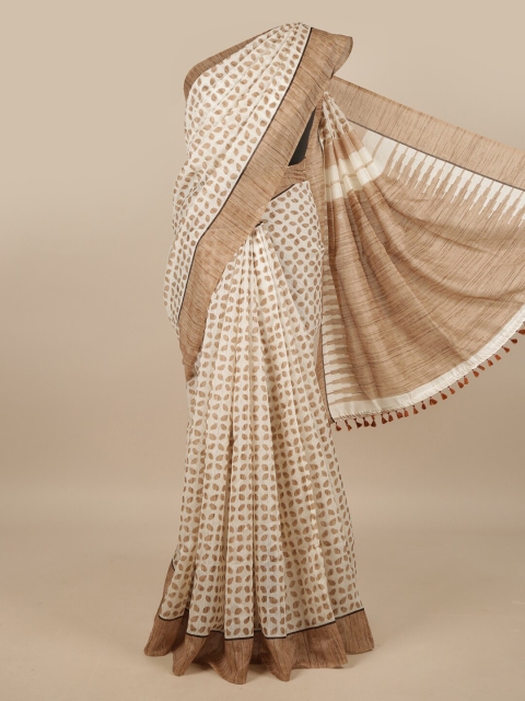 

Pothys Off White & Brown Printed Jute Silk Saree