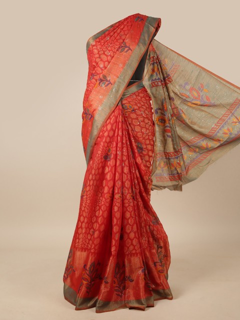 

Pothys Red & Blue Floral Beads and Stones Jute Silk Saree