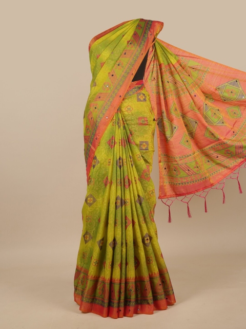 

Pothys Green & Orange Embellished Mirror Work Jute Silk Saree