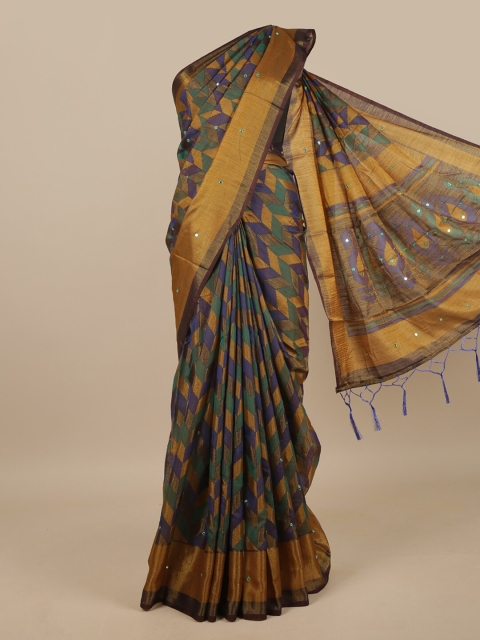 

Pothys Violet & Green Mirror Work Jute Silk Saree