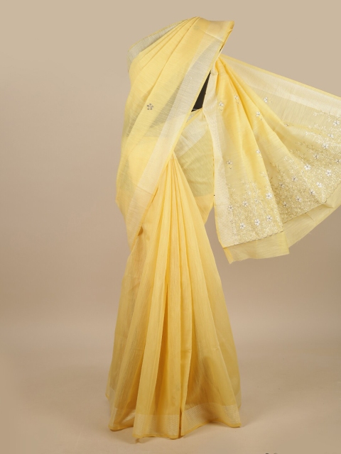 

Pothys Yellow & Silver-Toned Embroidered Saree
