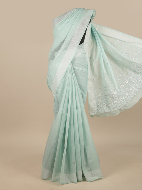 

Pothys Turquoise Blue & Silver-Toned Embroidered Saree
