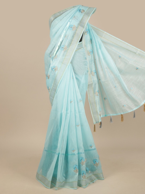 

Pothys Blue & Silver-Toned Embroidered Saree