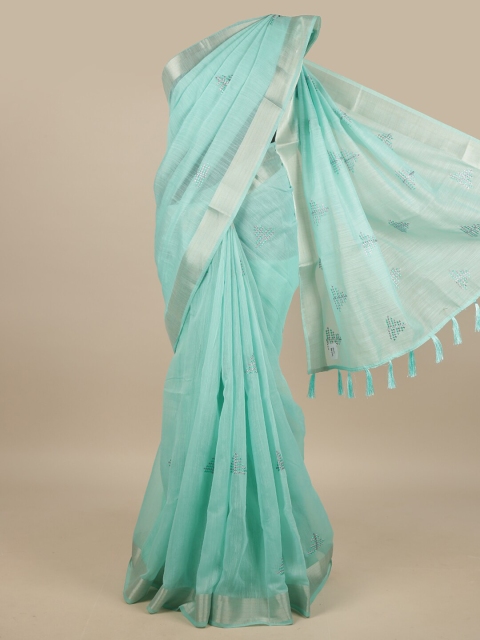 

Pothys Blue & Silver-Toned Embroidered Saree