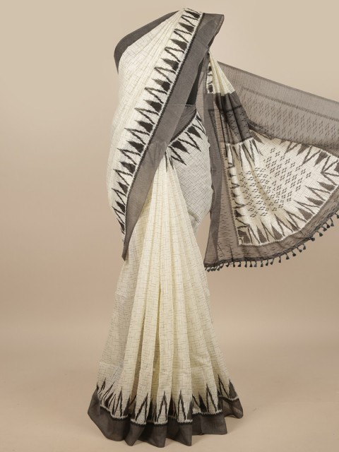 

Pothys Off White & Grey Ethnic Motifs Jute Silk Saree
