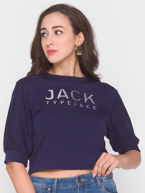 

ZOLA Women Navy Blue Typography Printed Puff Sleeves T-shirt