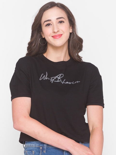 

ZOLA Black Printed Extended Sleeves Regular Crop Top