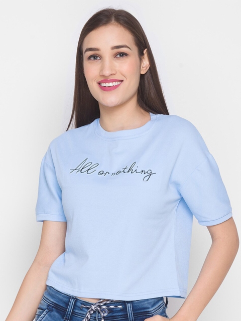 

ZOLA Women Blue Typography Printed Drop-Shoulder Sleeves T-shirt