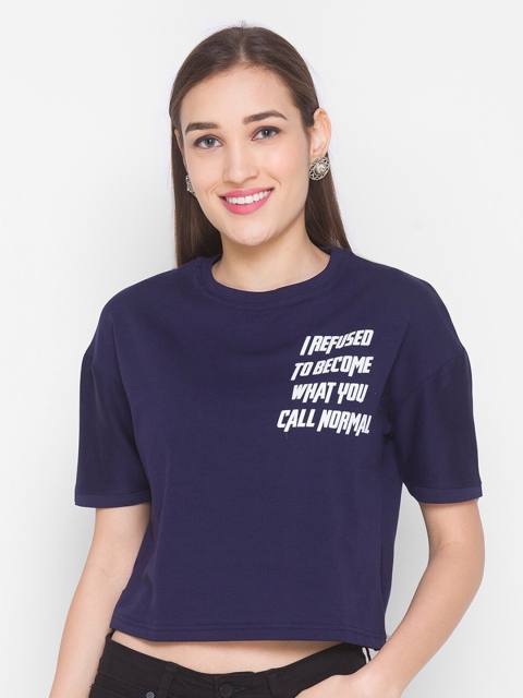 

ZOLA Navy Blue Typography Printed Regular Crop Top
