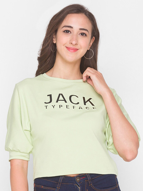 

ZOLA Women Green Typography Printed Puff Sleeves T-shirt