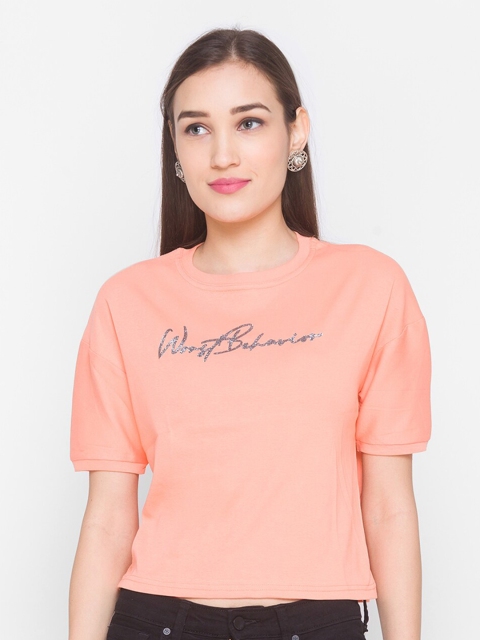 

ZOLA Women Peach-Coloured Typography Printed Drop-Shoulder Sleeves T-shirt