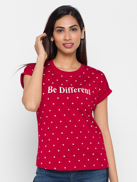 

ZOLA Women Maroon Typography Printed Extended Sleeves Pure Cotton T-shirt
