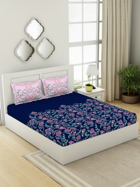 

SPACES Navy Blue Floral 210 TC King Bedsheet with 2 Pillow Covers