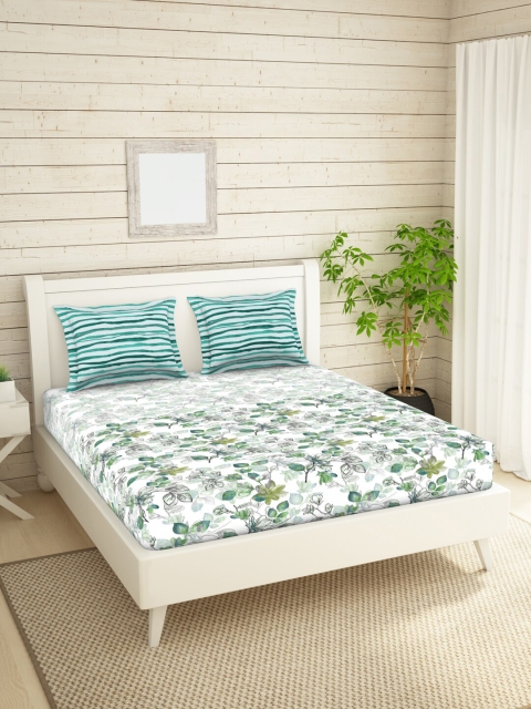 

SPACES Sea Green & Blue Floral Printed 144 TC King Bedsheet With 2 Pillow Covers