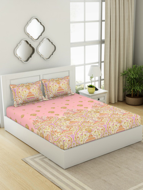 

SPACES Pink & Yellow Cotton Floral Printed 210 TC Queen Bedsheet With 2 Pillow Covers