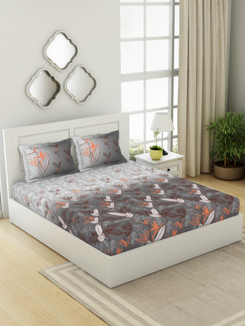 

SPACES Grey Floral Print Cotton Anti-Bacterial 210 TC Queen Bedsheet with 2 Pillow Covers