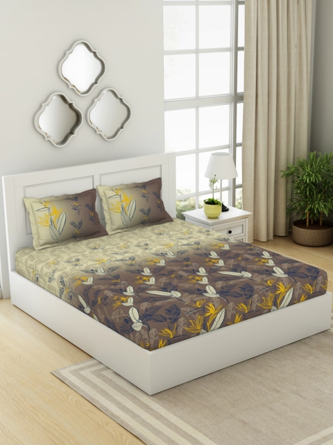 

SPACES Grey & Yellow Floral Printed 210 TC King Bedsheet with 2 Pillow Covers