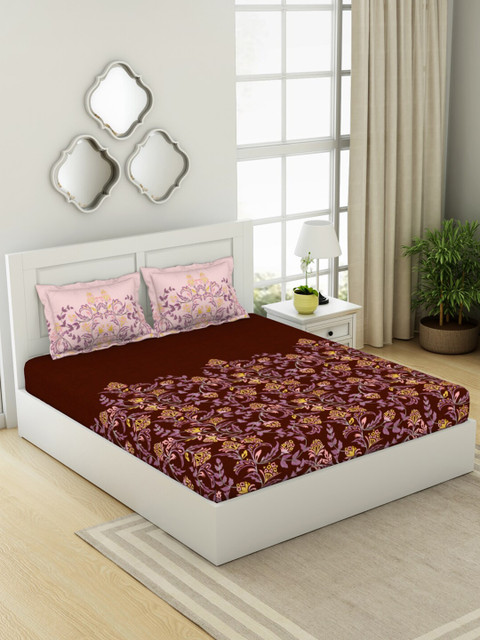 

SPACES Brown & Pink Cotton Floral Printed 210 TC King Bedsheet With 2 Pillow Covers