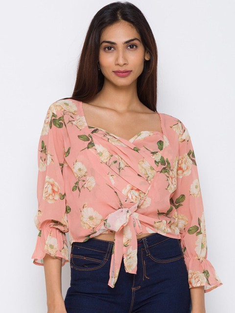 

ZOLA Peach-Coloured Floral Printed Sweetheart Neck Crop Top