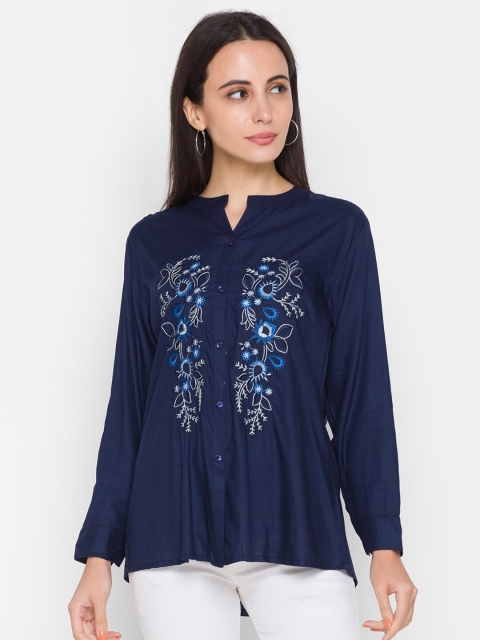 

ZOLA Navy Blue & space cadet Floral Mandarin Collar Regular Top