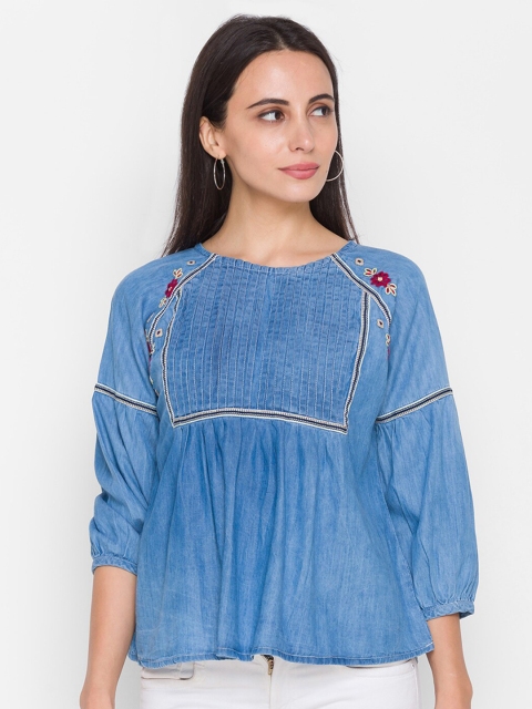 

ZOLA Blue Denim Embroidered A-Line Top