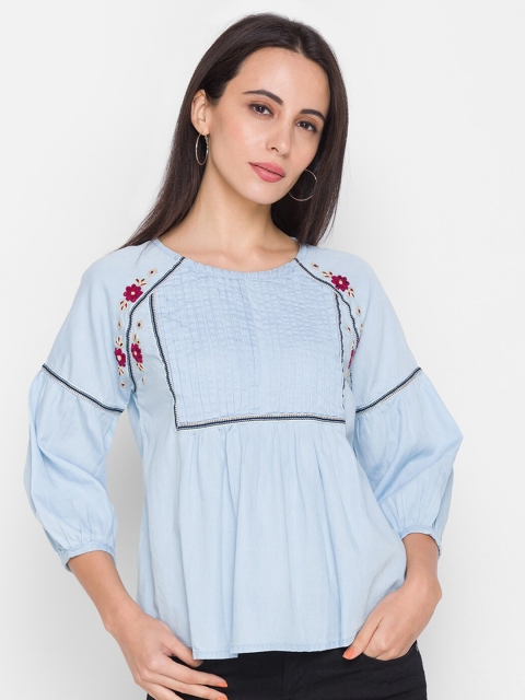 

ZOLA Turquoise Blue Floral Embroidered A-Line Top