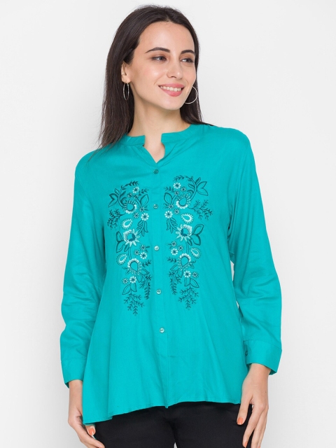

ZOLA Teal Floral Embroidered High-Low Top