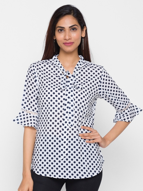 

ZOLA White & Navy Blue Tie-Up Neck Shirt Style Longline Top