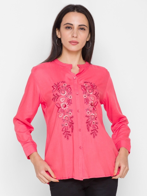 

ZOLA Pink Floral Embroidered Mandarin Collar Shirt Style Top