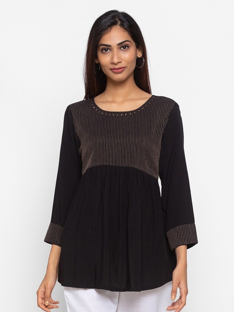 

ZOLA Black Striped Embroidered A-Line Top