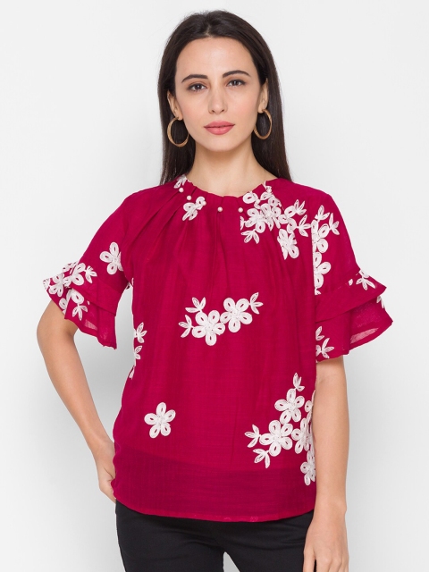 

ZOLA Woman Maroon Floral High Neck Flared Sleeve Top