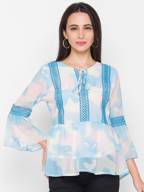 

ZOLA Woman Blue Tie-Up Neck Peplum Top