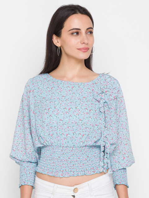 

ZOLA Woman Blue Floral Cinched Waist Crop Top