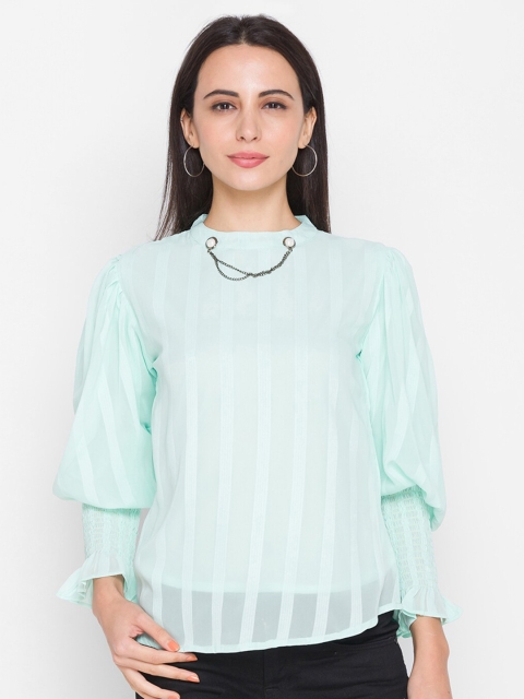 

ZOLA Woman Green High Neck Flared Sleeves Striped Top