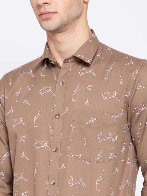 

Canstol Men Tan Brown & White Opaque Printed Pure Cotton Casual Shirt