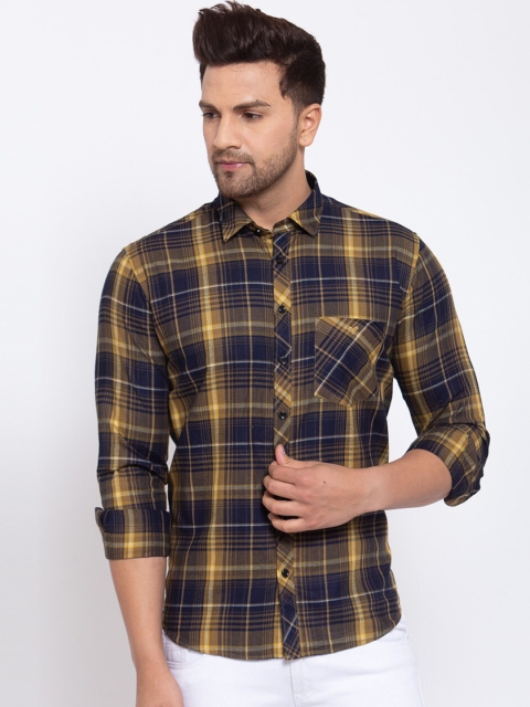 

Canstol Men Yellow & Navy Blue Opaque Checked Pure Cotton Casual Shirt