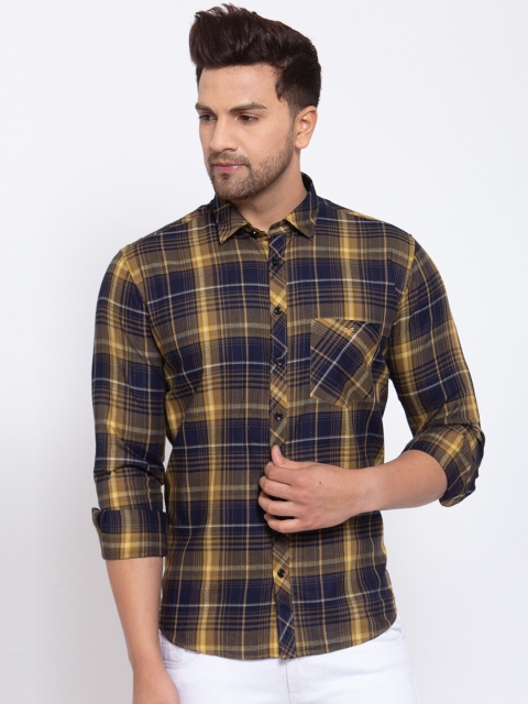 

Canstol Men Yellow & Navy Blue Opaque Checked Pure Cotton Casual Shirt