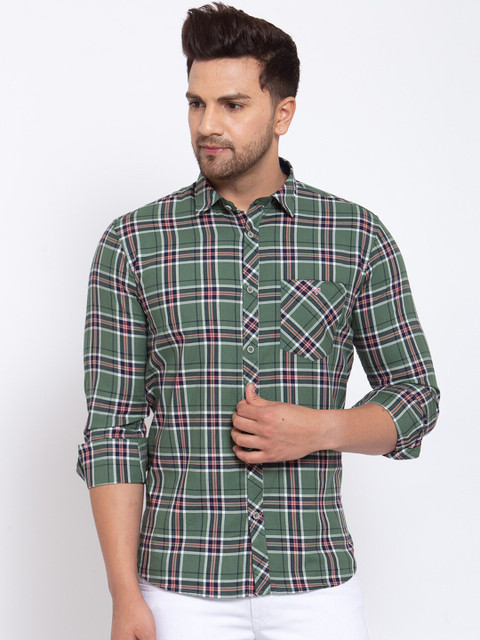 

Canstol Men Olive Green & Pink Opaque Checked Pure Cotton Casual Shirt