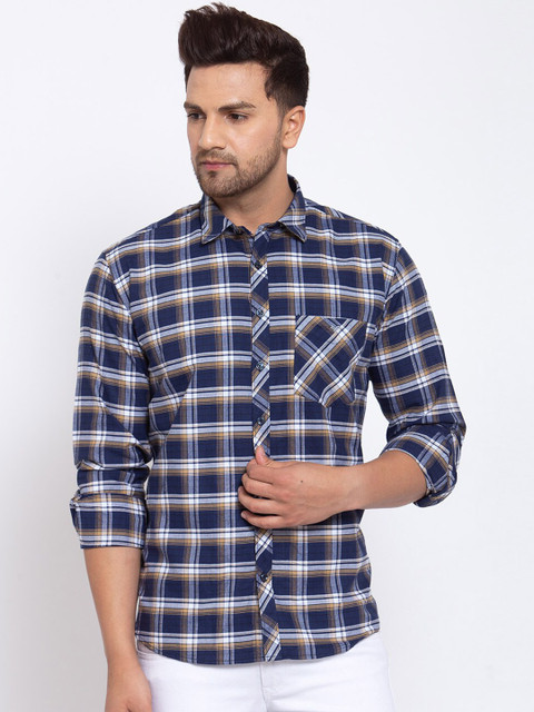 

Canstol Men Blue & White Opaque Checked Pure Cotton Casual Shirt