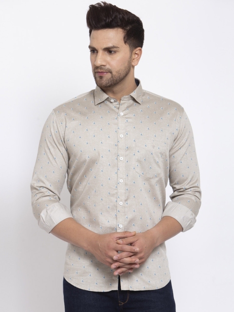 

Canstol Men Beige & Blue Opaque Printed Pure Cotton Casual Shirt