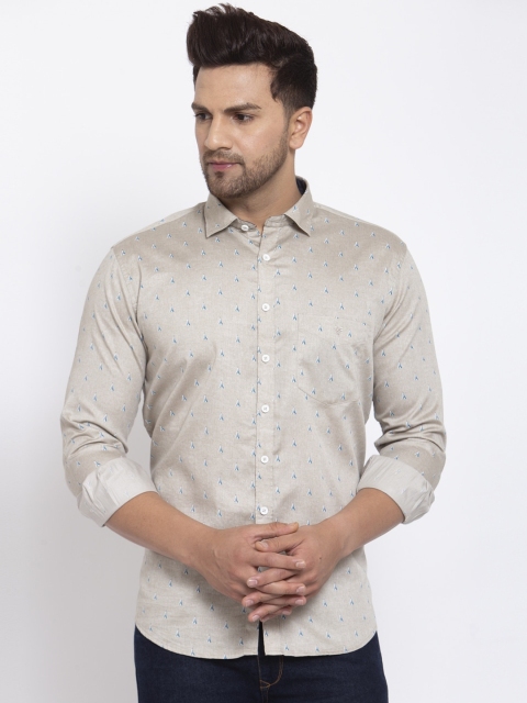 

Canstol Men Beige & Blue Opaque Printed Pure Cotton Casual Shirt