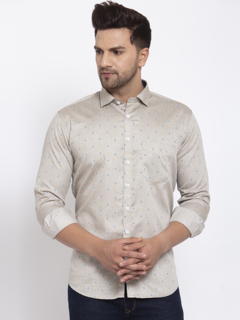 

Canstol Men Beige & Blue Opaque Printed Pure Cotton Casual Shirt