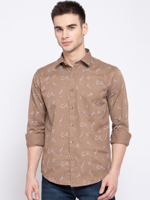 

Canstol Men Tan Brown & White Opaque Printed Pure Cotton Casual Shirt