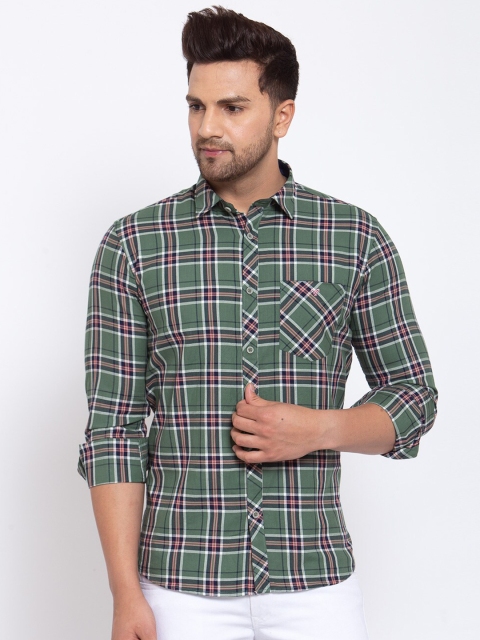 

Canstol Men Olive Green Tartan Checks Opaque Checked Casual Shirt