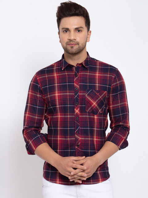 

Canstol Men Maroon & Navy Blue Opaque Checked Pure Cotton Casual Shirt