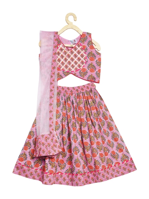 

Kinder Kids Girls Pink & Red Printed Ready to Wear Lehenga & Blouse With Dupatta